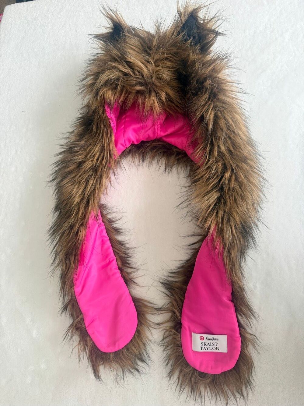 Skaist Taylor Faux Fur Wolf Hat Scarf Pink Lined Animal Ear Hood